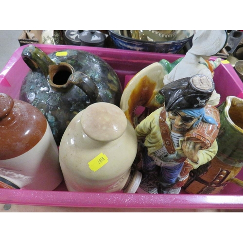 333 - Three trays of assorted ceramics to include a cast Deco figure