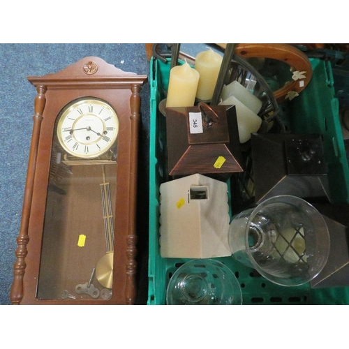 345 - A tray of assorted candle holders etc together with a wall clock