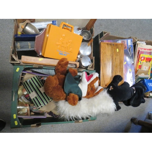 350 - Four trays of collectables and vintage toys to include a piquet ware tea set and tray and Beatrix Po... 