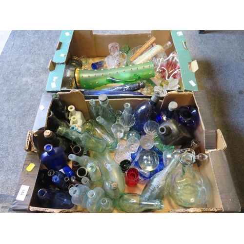 352 - Two trays of assorted glassware to include a selection of advertising glass bottles