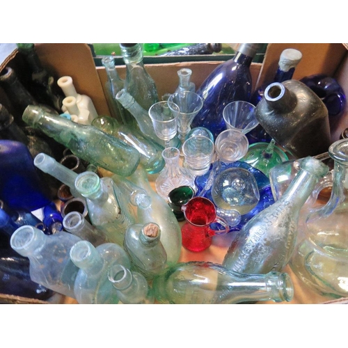 352 - Two trays of assorted glassware to include a selection of advertising glass bottles