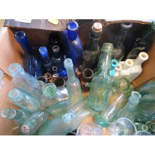 352 - Two trays of assorted glassware to include a selection of advertising glass bottles