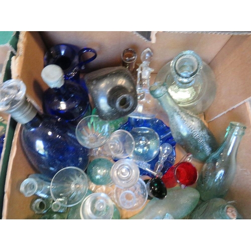 352 - Two trays of assorted glassware to include a selection of advertising glass bottles