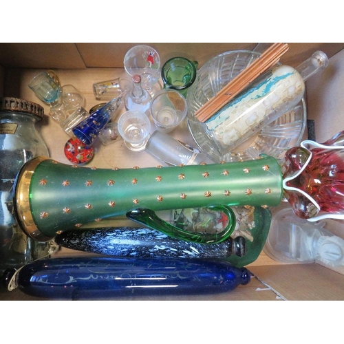 352 - Two trays of assorted glassware to include a selection of advertising glass bottles