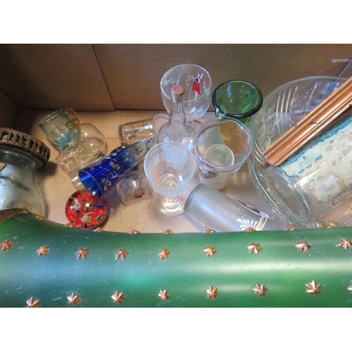 352 - Two trays of assorted glassware to include a selection of advertising glass bottles