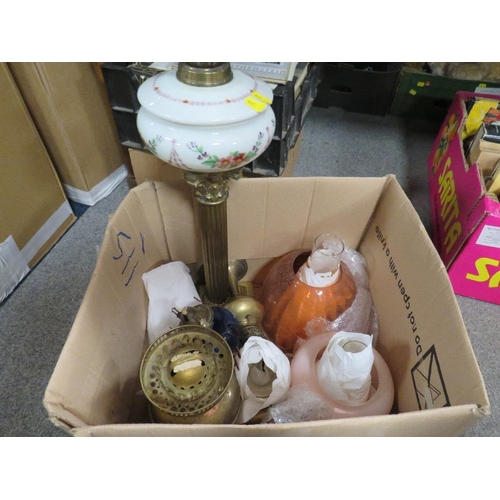 360 - A tray of oil lamps and shades etc (unchecked)