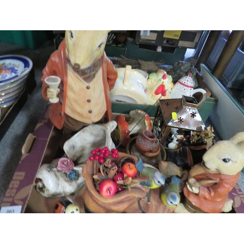 363 - Two trays of ceramics and sundries to include a large resin figure of a mouse drinking a glass of wi... 