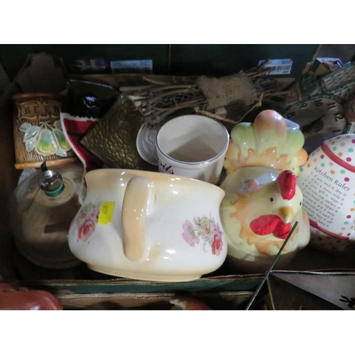 363 - Two trays of ceramics and sundries to include a large resin figure of a mouse drinking a glass of wi... 