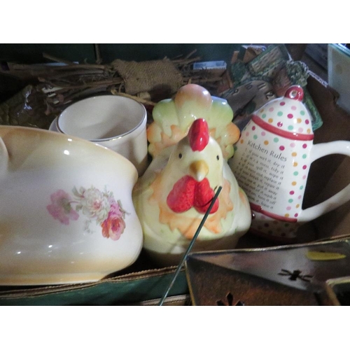 363 - Two trays of ceramics and sundries to include a large resin figure of a mouse drinking a glass of wi... 