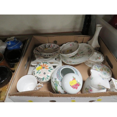 378 - Three trays of assorted ceramics to include Aynsley, Bossons wall plaques etc