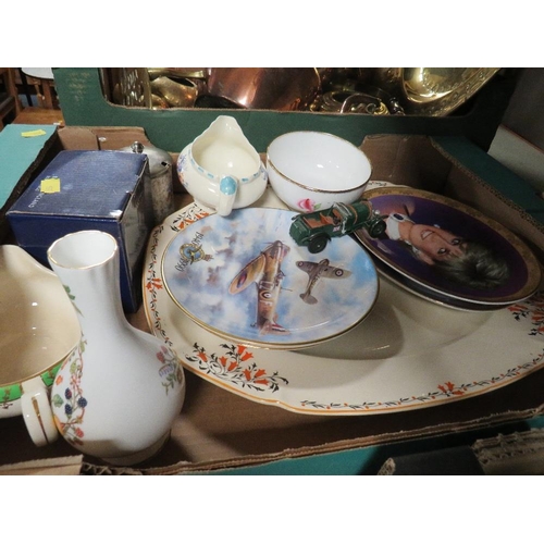 380 - A tray of assorted metal ware to include copper kettle together with a tray of ceramics (2)