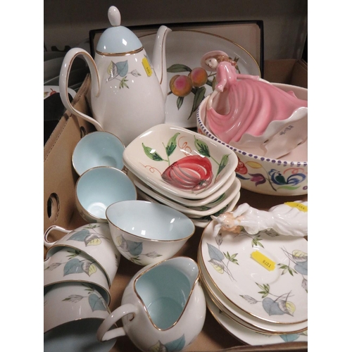 381 - Two trays of ceramics to include Royal Worcester Evesham Vale and a Poole pottery bowl