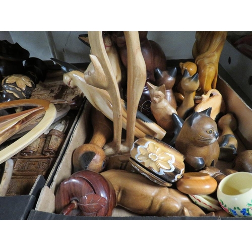 392 - Three trays of treen to include cat figures etc