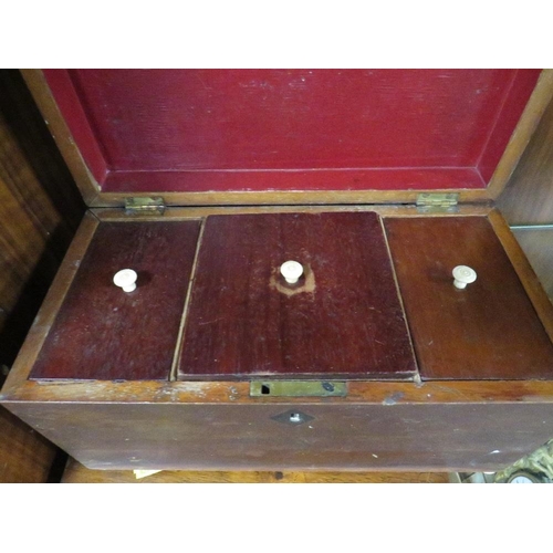 412 - A vintage three section tea caddy together with a small writing slope and a small glazed display cab... 