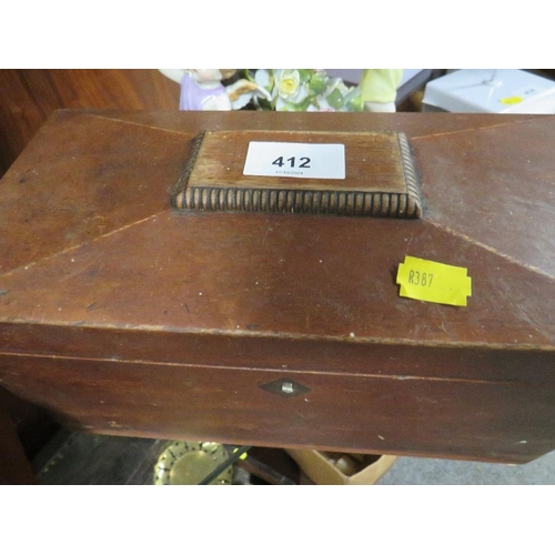 412 - A vintage three section tea caddy together with a small writing slope and a small glazed display cab... 