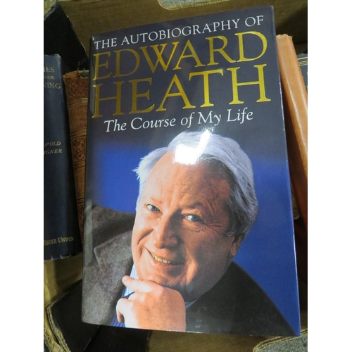 436 - A tray of assorted books to include signed copy of Edward Heath autobiography and a signed Frederick... 