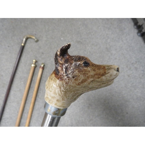 448 - A selection of four walking sticks to include a modern metal one with a Jack Russell head