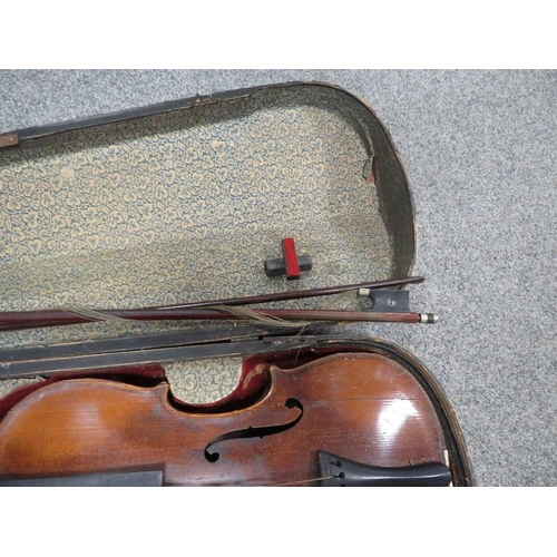 451 - A vintage wooden cased violin with bow