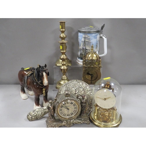 461 - A tray of collectables to include clocks, Beswick horse, tankards etc