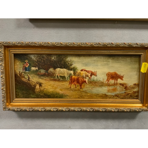 A small oil on board depicting cattle 11 x 30 cm together with a framed female print and an oil on canvas. (3)