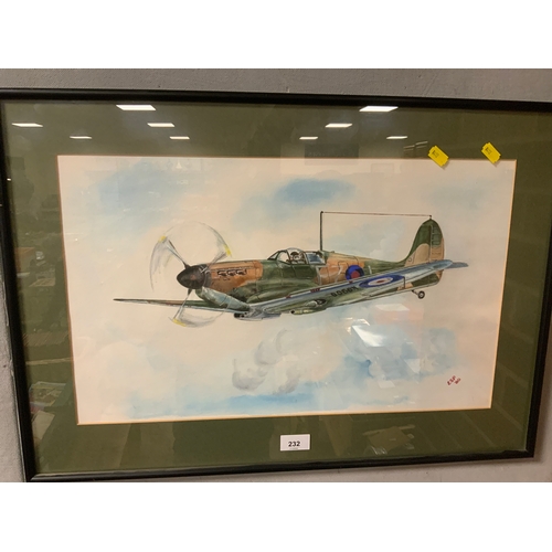 232 - A watercolour of a spitfire