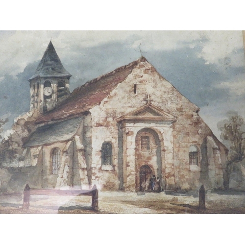 217 - Circle of Richard Parkes Bonnington, rural church with figures, unsigned, watercolour framed and gla... 