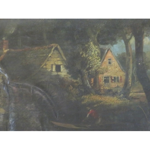 216 - Circle of Benjamin Barker, rural wooded landscape with boat, figure and farmstead, unsigned oil on p... 