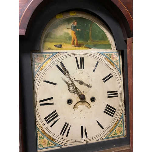 725 - An antique oak and mahogany longcase clock with painted face - two weights and pendulum H 210 cm