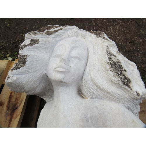 666 - A large white marble type statue of a dancing lady (damaged arm) H  130 cm, W 70 cm