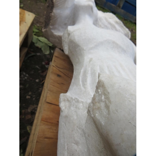 666 - A large white marble type statue of a dancing lady (damaged arm) H  130 cm, W 70 cm