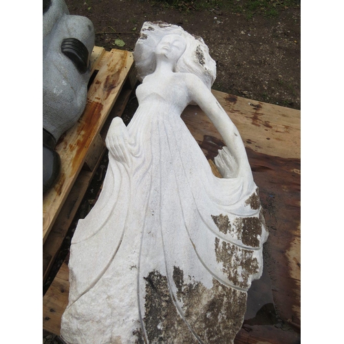 666 - A large white marble type statue of a dancing lady (damaged arm) H  130 cm, W 70 cm