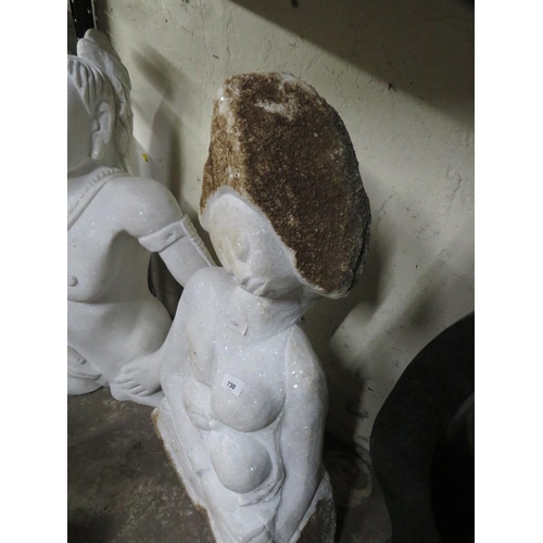 669 - A white marble type statue of a lady feeding a baby - H 90 cm, W 40 cm