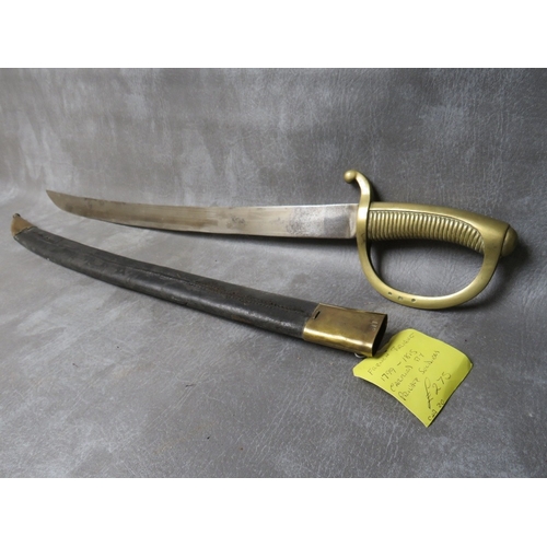 10 - A FRENCH BRIQUET SHORT SWORD WITH CURVED BLADE, brass ribbed grip, with stirrup knuckle bow, in bras... 