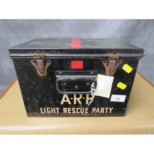 13 - A 1939 DATED ARP FIRST AID TIN BOX, marked 'Light Recue Party', A/F, along with a demob suitcase (2)