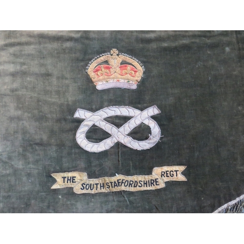 14 - A KINGS CROWN SOUTH STAFFORDSHIRE REGIMENT BAND BANNER, circa 1920s, bullion thread detail on green ... 