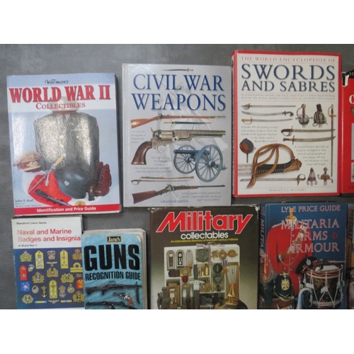 144 - A WOODEN CRATE OF MILITARY REFERENCE BOOKS, to include 'Janes Gun Recognition Guide', 'Third Reich C... 