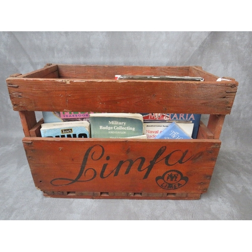 144 - A WOODEN CRATE OF MILITARY REFERENCE BOOKS, to include 'Janes Gun Recognition Guide', 'Third Reich C... 