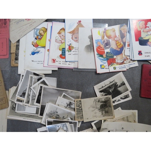 146 - A TRAY OF MILITARY INTEREST EPHEMERA AND PHOTOGRAPHS, to include R.A.F. and R.N items