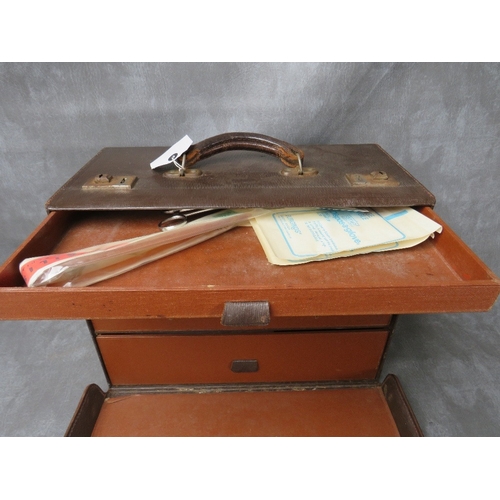 15 - A MID 20TH CENTURY MIDWIFE'S CASE AND CONTENTS, brown leather outer, fitted interior with two drawer... 