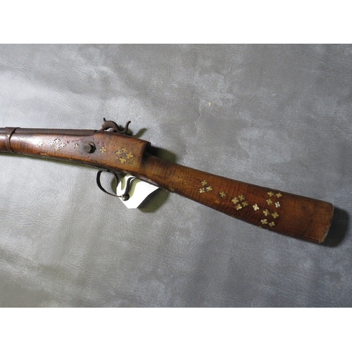 18 - A 19TH CENTURY INDIAN / MIDDLE EASTERN JAZAIL RIFLE, fitted with a percussion lock, inlaid bone deco... 