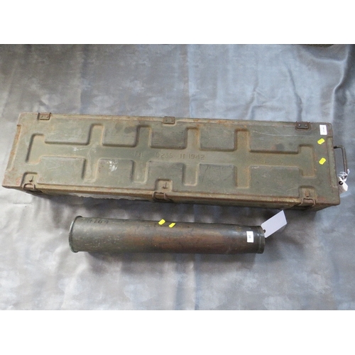 20 - A 1949 DATED 3.7 INCH GUN BRASS SHELL CASE, along with a British 1942 metal ammo box (2)