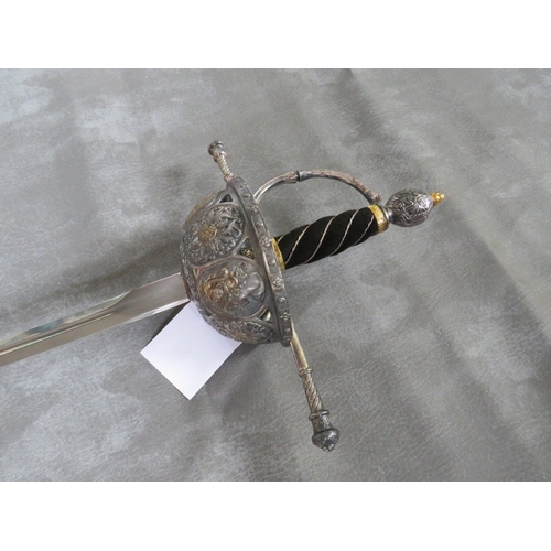 22 - A REPLICA ITALIAN STYLE RAPIER SWORD, the hilt decorated with classical busts and coats of arms, ext... 