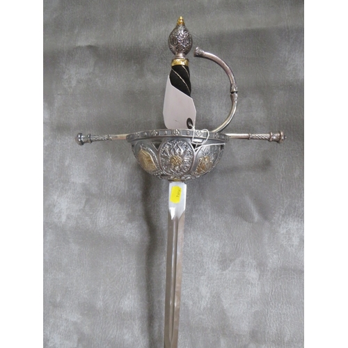 22 - A REPLICA ITALIAN STYLE RAPIER SWORD, the hilt decorated with classical busts and coats of arms, ext... 