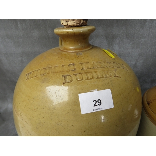 29 - A 19TH CENTURY STONEWARE FLAGON, impressed 'Thomas Hanson, Dudley 2', H 36 cm, together with a later... 