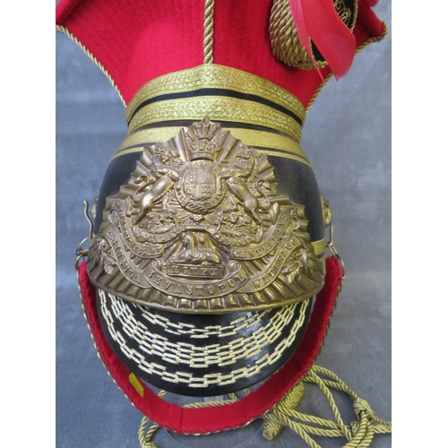 40 - A REPLICA VICTORIAN LANCERS CHAPKA HELMET, with brass helmet plate to front and gold thread detail t... 