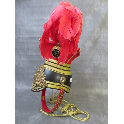 40 - A REPLICA VICTORIAN LANCERS CHAPKA HELMET, with brass helmet plate to front and gold thread detail t... 