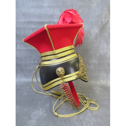 40 - A REPLICA VICTORIAN LANCERS CHAPKA HELMET, with brass helmet plate to front and gold thread detail t... 