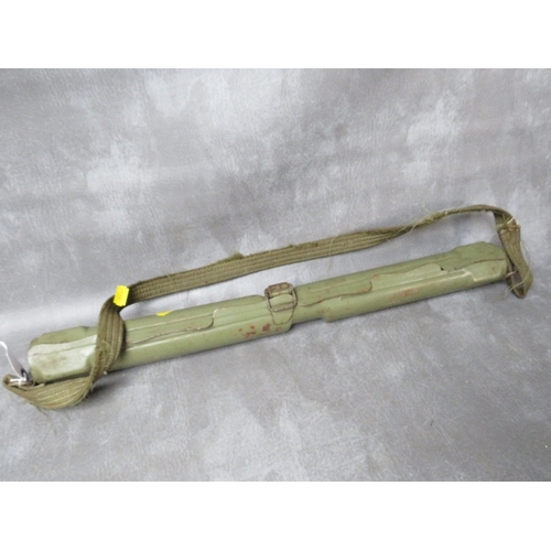 116 - A WW2 GERMAN MG42 SPARE BARREL CARRY CASE, a small enamel sign A/F, an SMG sling and a set of braces