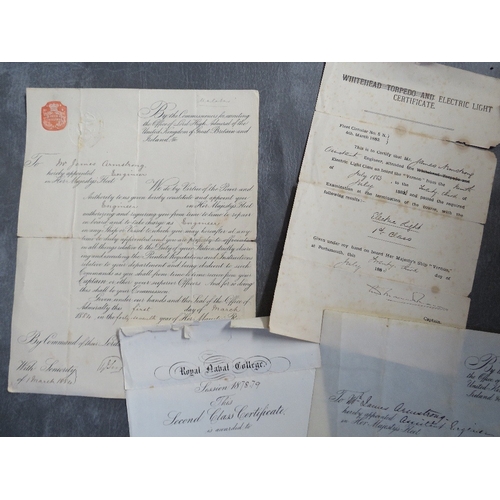 162 - A COLLECTION OF VICTORIAN NAVAL DOCUMENTS RELATING TO JAMES ARMSTRONG 1878-1900, including a Royal N... 