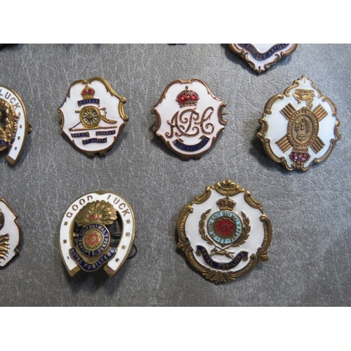 168 - FOURTEEN ENAMEL SWEETHEART BROOCHES, to include North Staffs, Royal Berkshires, Cameron Highlanders,... 